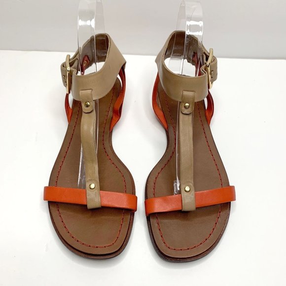 UTERQÜE Orange Tan T-Strap Gladiator Buckle Sandal Sz 38 / 7.5 - Picture 2 of 11